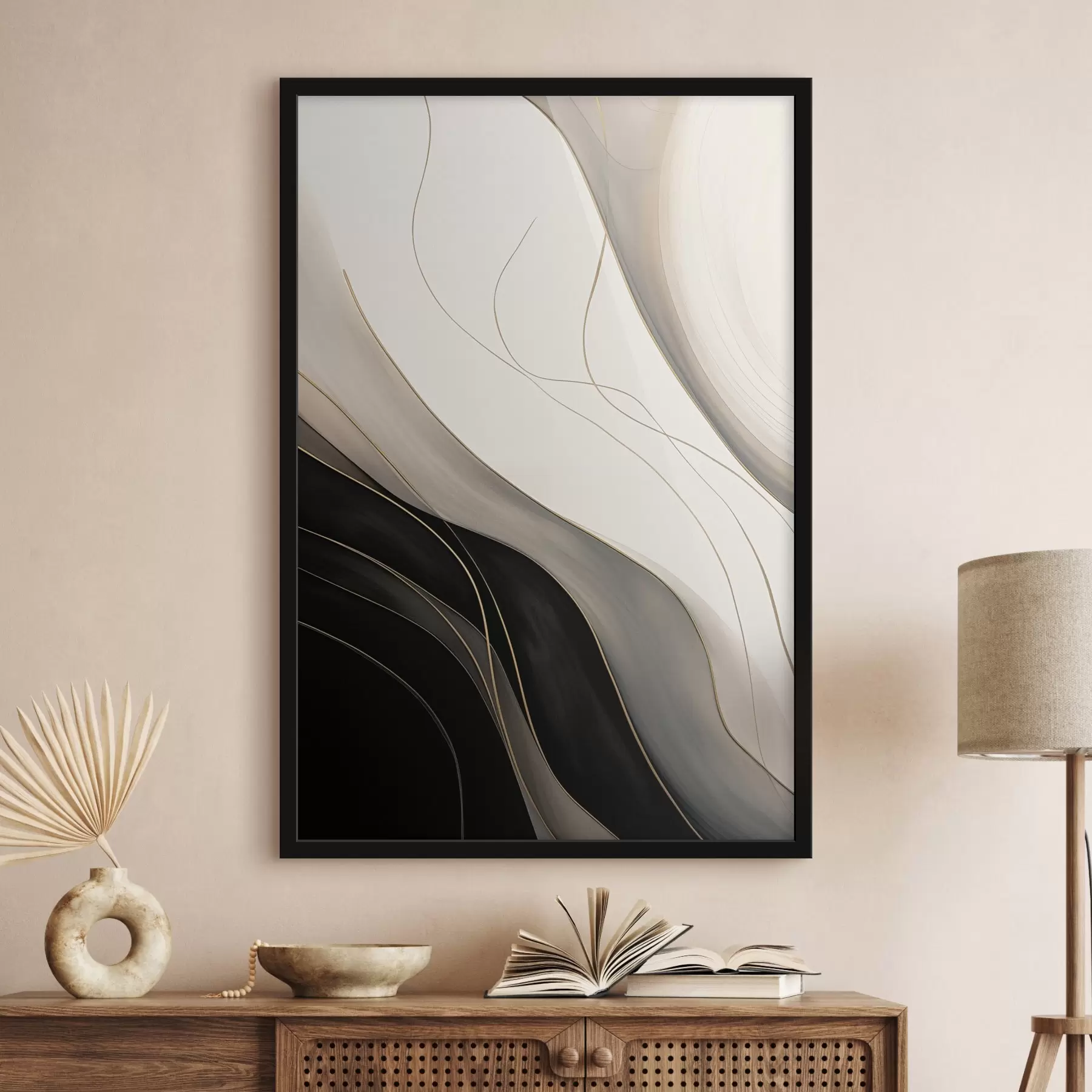 Fototapete Wellen in Schwarz und Beige mit feinen ockerfarbenen Linien f46541