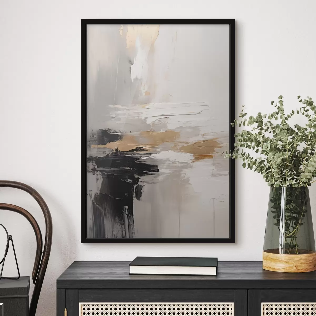 Poster Nudefarbene Striche mit kontrastierender schwarzer und ockerfarbener Schicht f46544