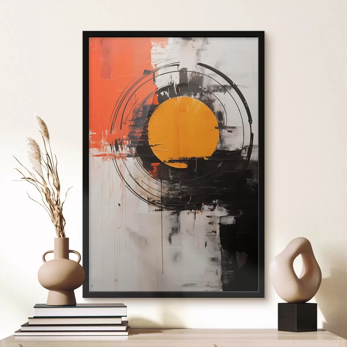 Poster Orangefarbene Scheibe innerhalb eines schwarzen Rings, Striche und Spritzer f46550