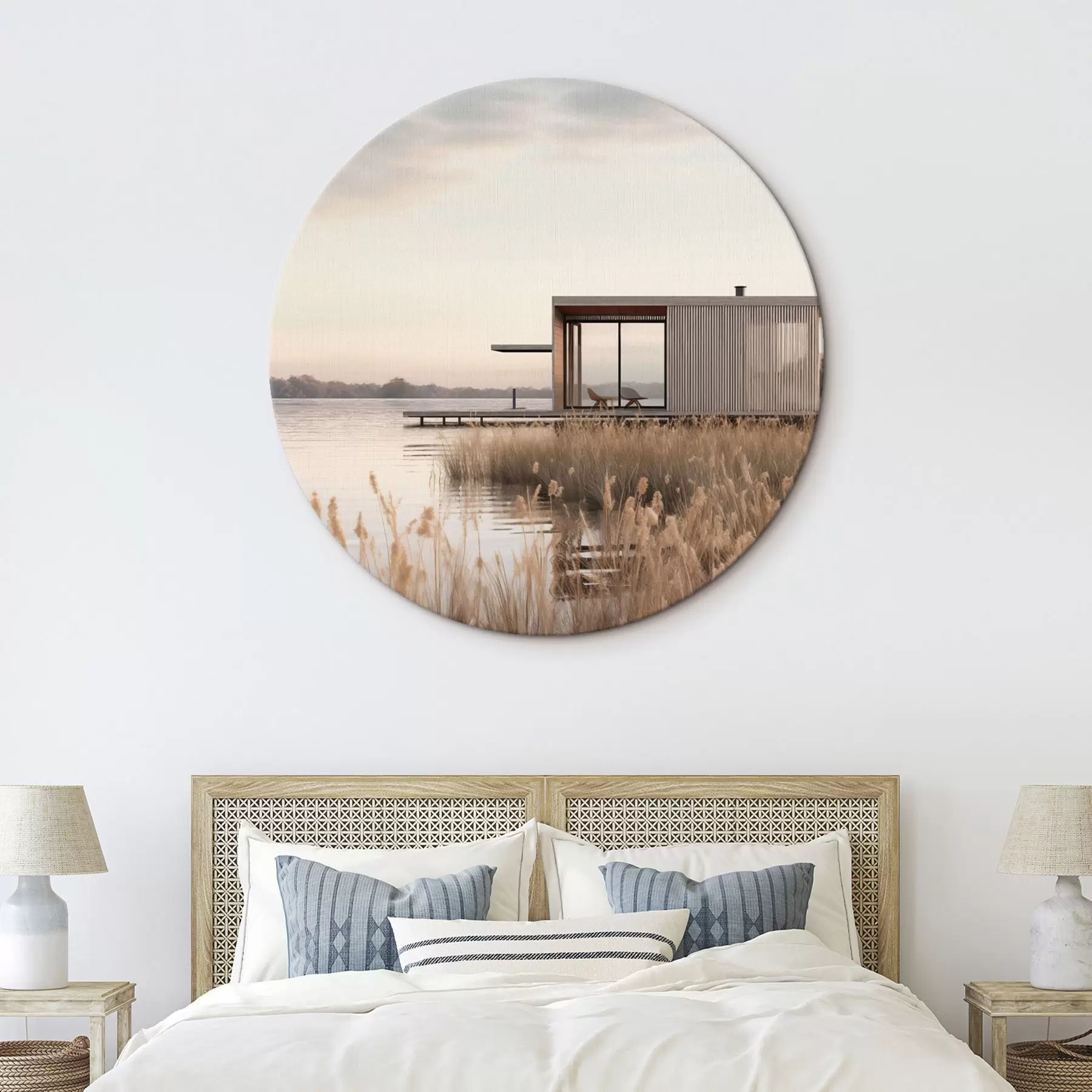 Wandbilder Moderne Hütte am Seeufer inmitten von Schilf in der sanften Abenddämmerung r46513