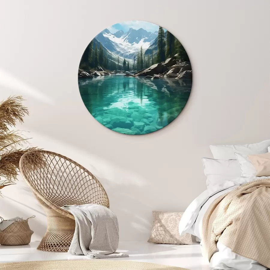 Wandbilder Klarer Gebirgsfluss mit felsigem Bett und schneebedeckten Gipfeln r46514