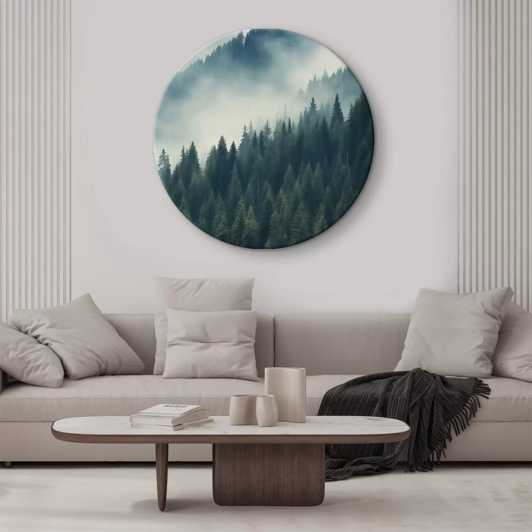 Wandbilder Nebel über Nadelbaumhängen, tiefe Grüntöne r46516