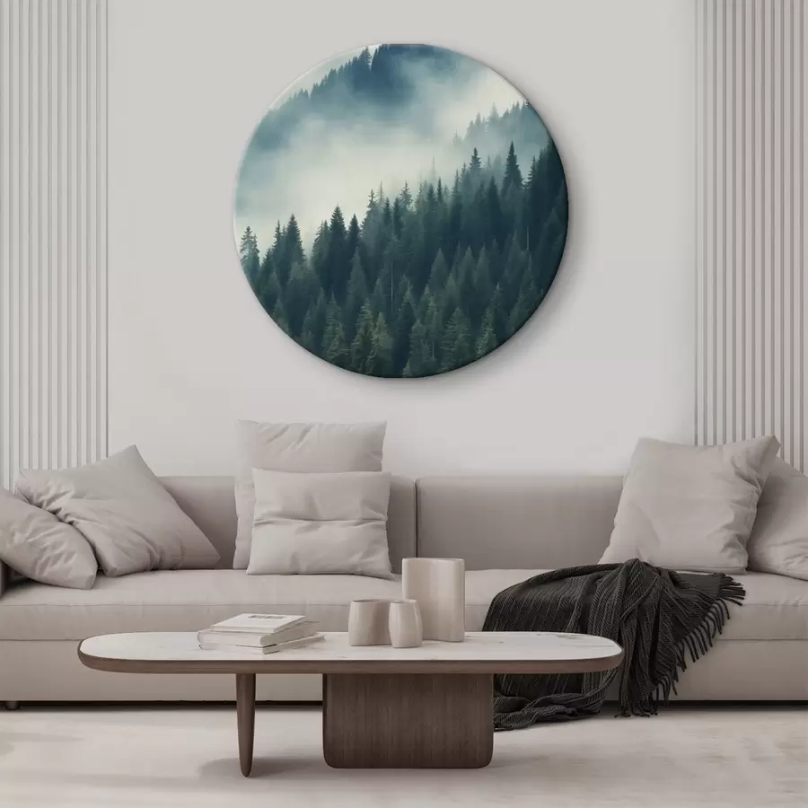 Wandbilder Nebel über Nadelbaumhängen, tiefe Grüntöne r46516