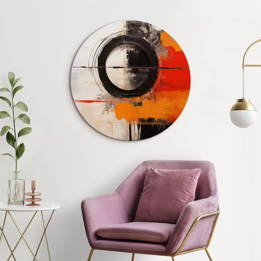 Wandbilder Schwarzer Kreis auf weißem Hintergrund, orangefarbene Striche und Spritzer r46549