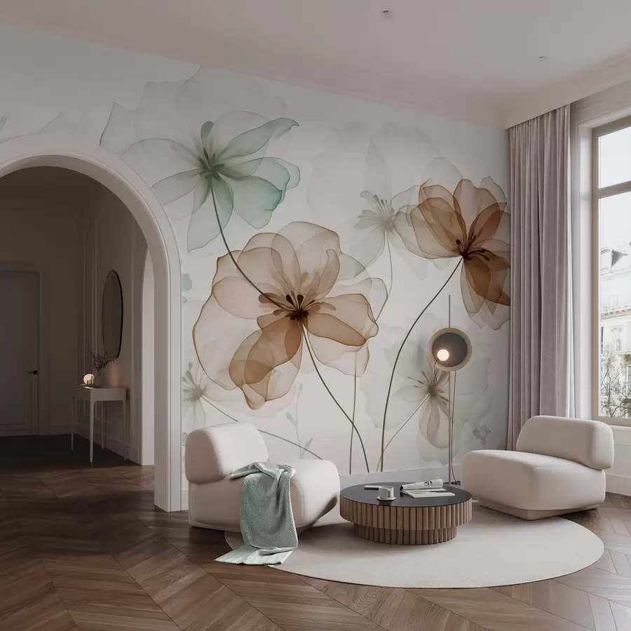 Fototapete Durchscheinende Blumen mit braunen und grünen Blütenblättern, langen Stielen, hellem Hintergrund, sanften Farben und strukturiertem Blumenmuster w09529