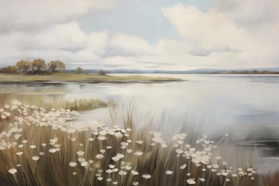 Fototapete Strukturierte Landschaft, Feld mit weißen Blumen und hohem Gras, ein See im Hintergrund, ein grasbewachsener Hügel mit Bäumen, sanfte Farben w09530