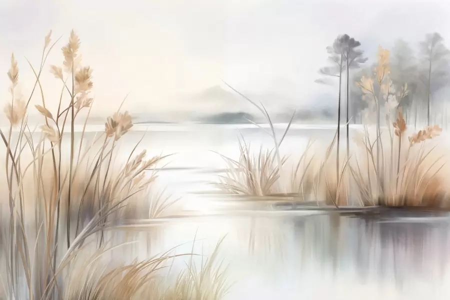 Fototapete Landschaft mit einem See und hohem Gras im Vordergrund, Bergen im Hintergrund, sanften Farben, strukturiert w09534