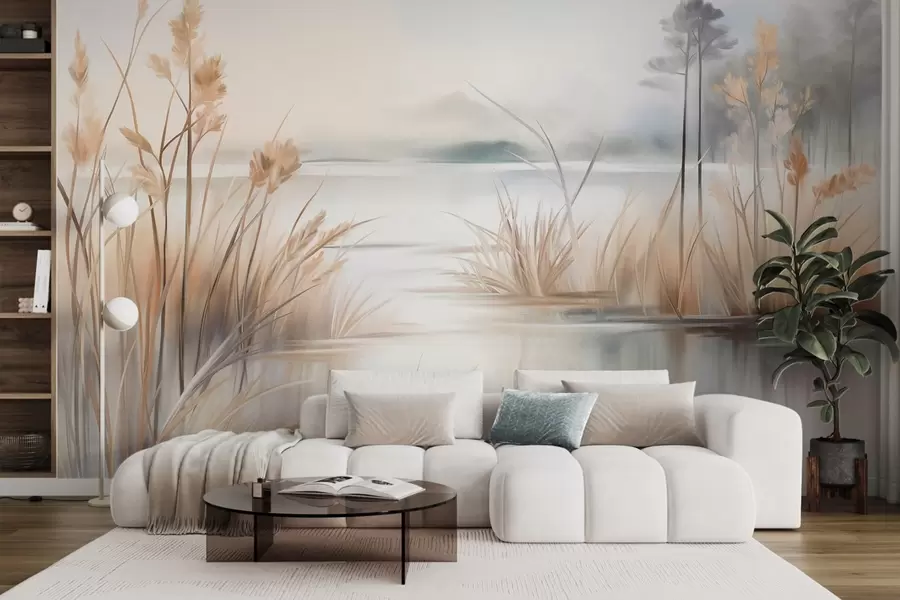 Fototapete Landschaft mit einem See und hohem Gras im Vordergrund, Bergen im Hintergrund, sanften Farben, strukturiert w09534