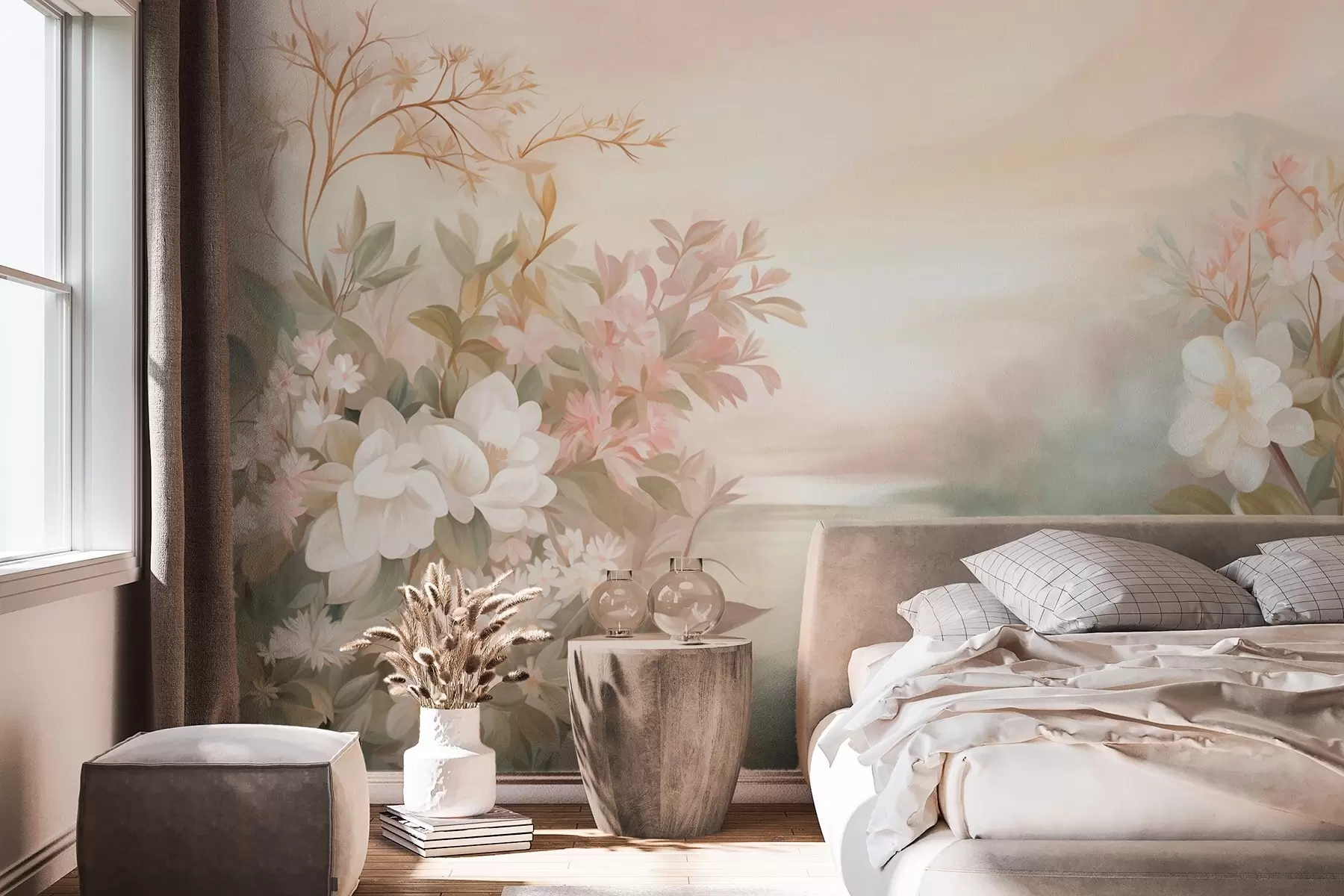 Fototapete Eine Landschaft mit einem Fluss, umgeben von Blumen und Pflanzen, sanften Farben, rosa Himmel, Aquarell-Texturstil w09537