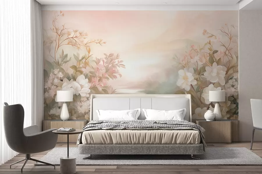 Fototapete Eine Landschaft mit einem Fluss, umgeben von Blumen und Pflanzen, sanften Farben, rosa Himmel, Aquarell-Texturstil w09537