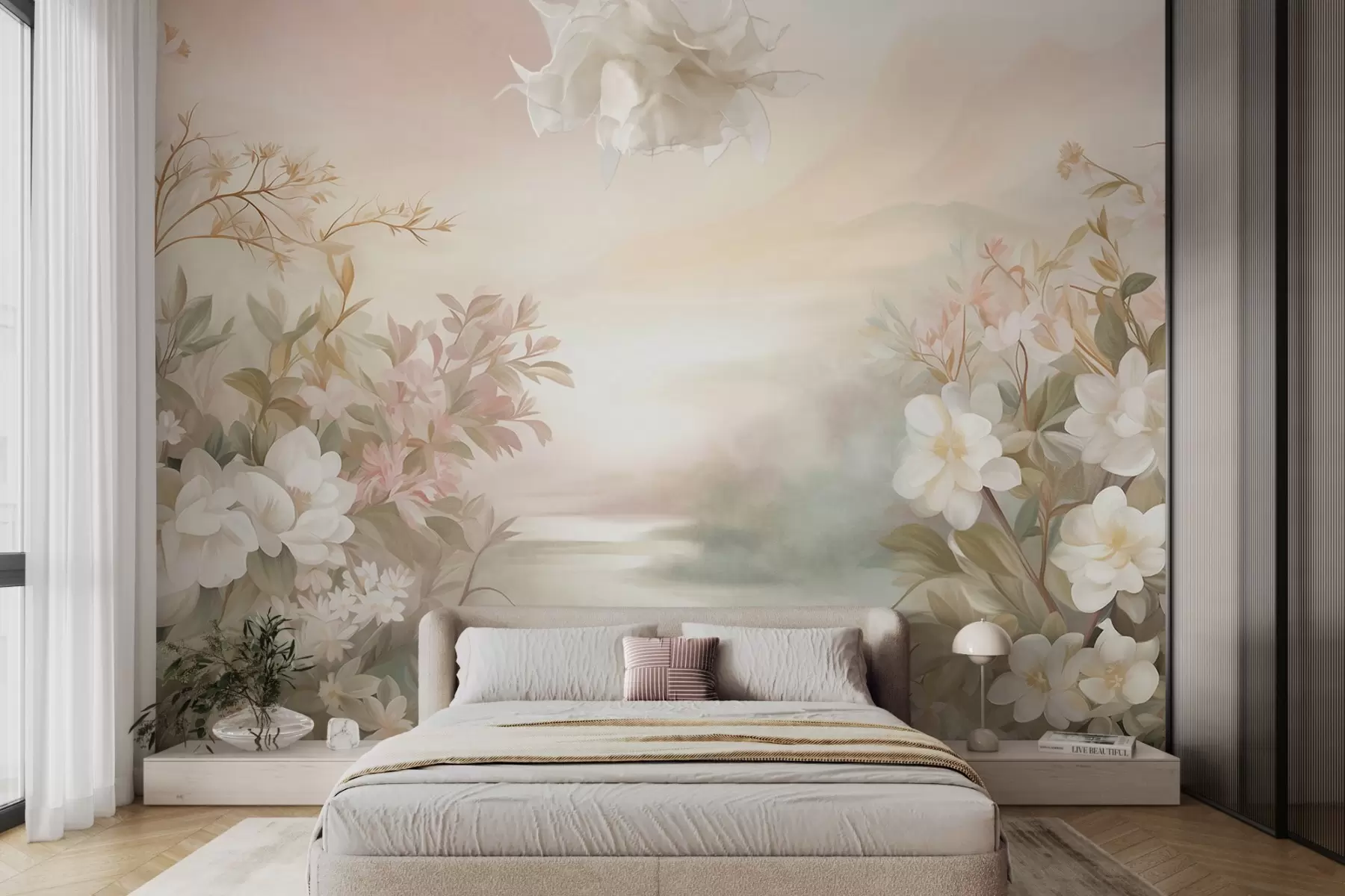 Fototapete Eine Landschaft mit einem Fluss, umgeben von Blumen und Pflanzen, sanften Farben, rosa Himmel, Aquarell-Texturstil w09537
