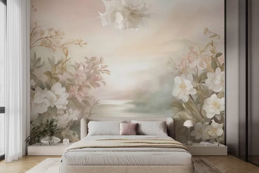 Fototapete Eine Landschaft mit einem Fluss, umgeben von Blumen und Pflanzen, sanften Farben, rosa Himmel, Aquarell-Texturstil w09537
