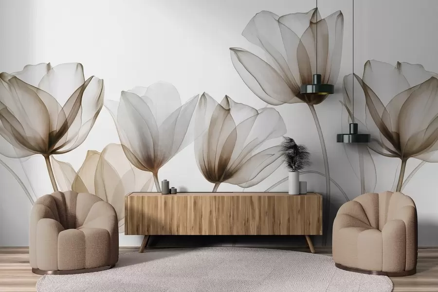 Fototapete Durchscheinende braune und weiße Tulpenblüten mit langen Stielen vor hellem Hintergrund, zarte und strukturierte Blumenkunst w09538v1