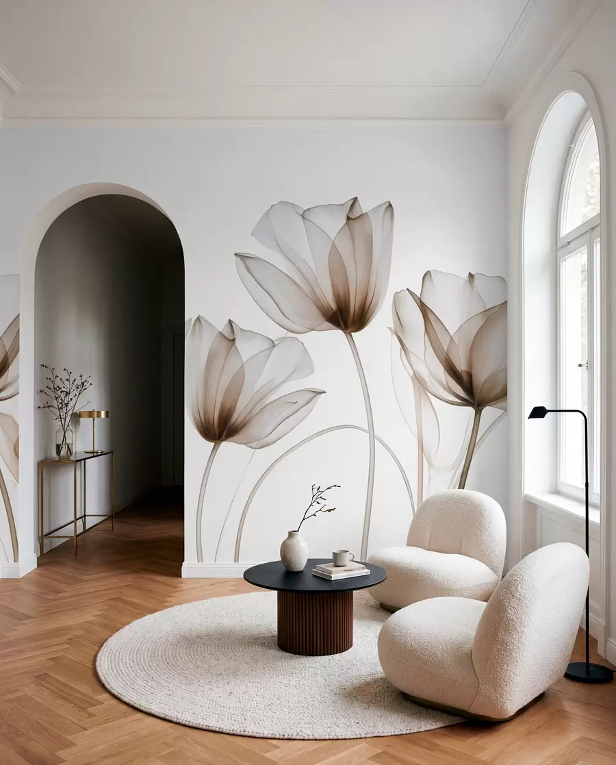 Fototapete Durchscheinende braune und weiße Tulpenblüten mit langen Stielen vor hellem Hintergrund, zarte und strukturierte Blumenkunst w09538v1