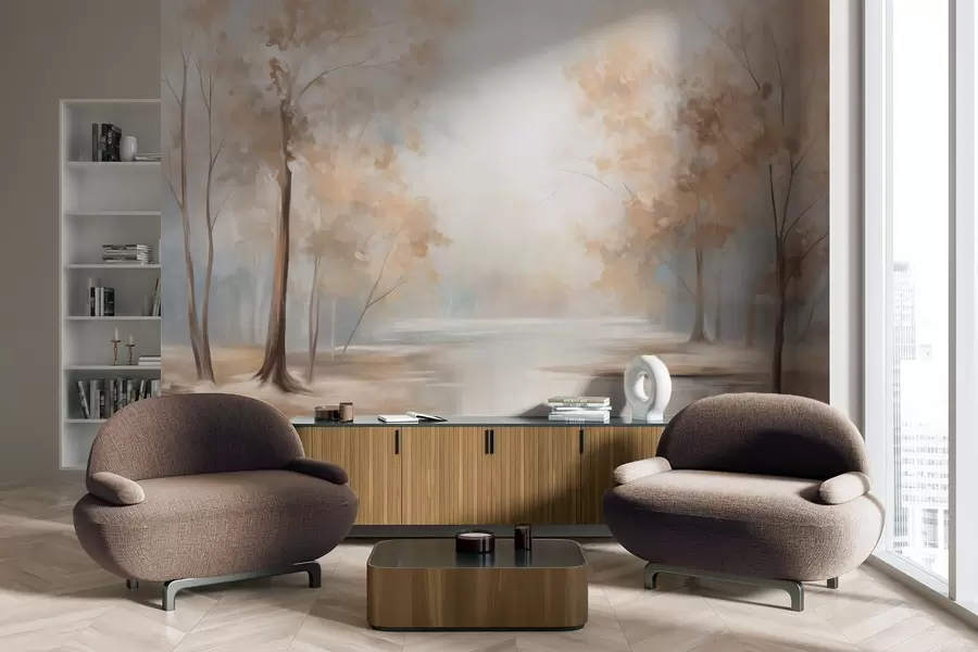 Fototapete Herbstliche Landschaft mit Bäumen und einem Fluss, sanfte Farben, helle und luftige Atmosphäre, friedliche und ruhige Szene w09541