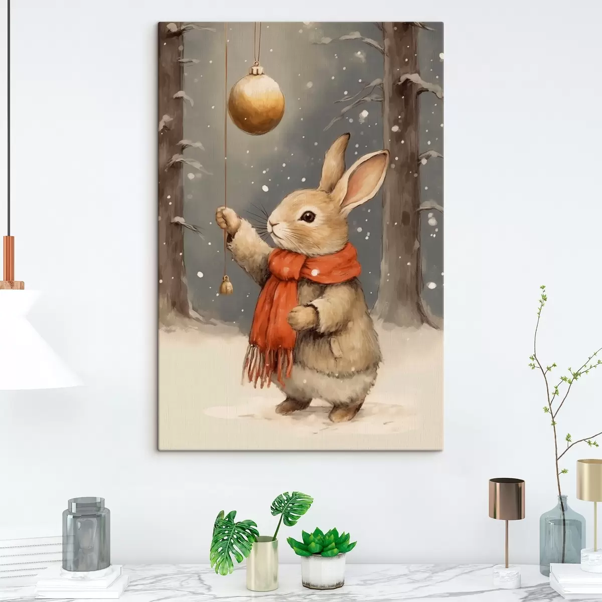 Wandbilder Winterhase mit Schal und Weihnachtsbaumkugel s46619