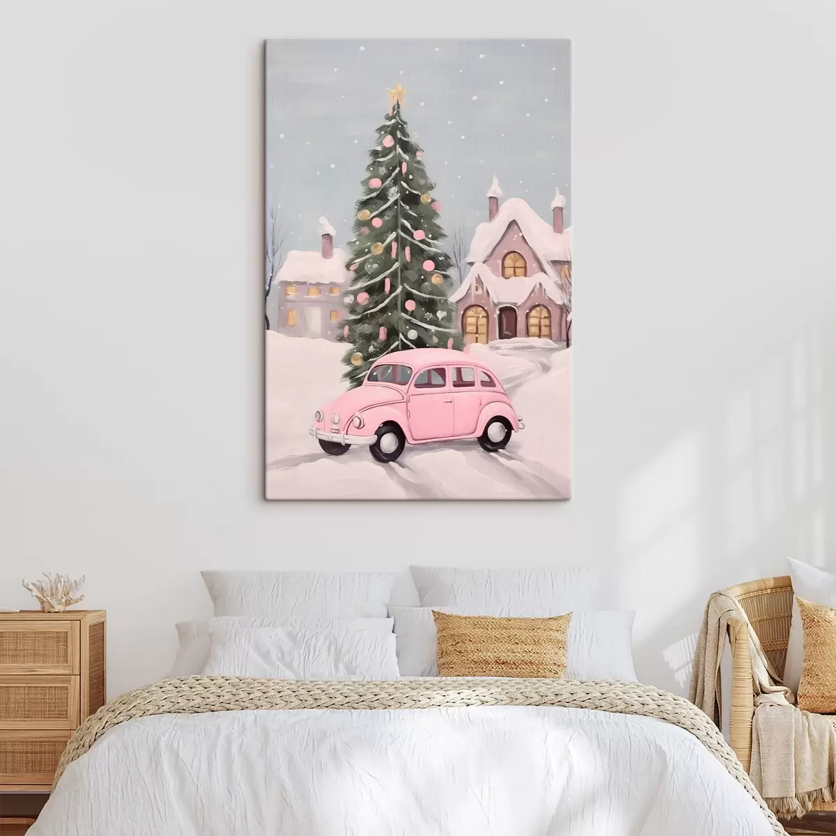 Wandbilder Rosa Auto und geschmückter Weihnachtsbaum vor dem Haus s46621