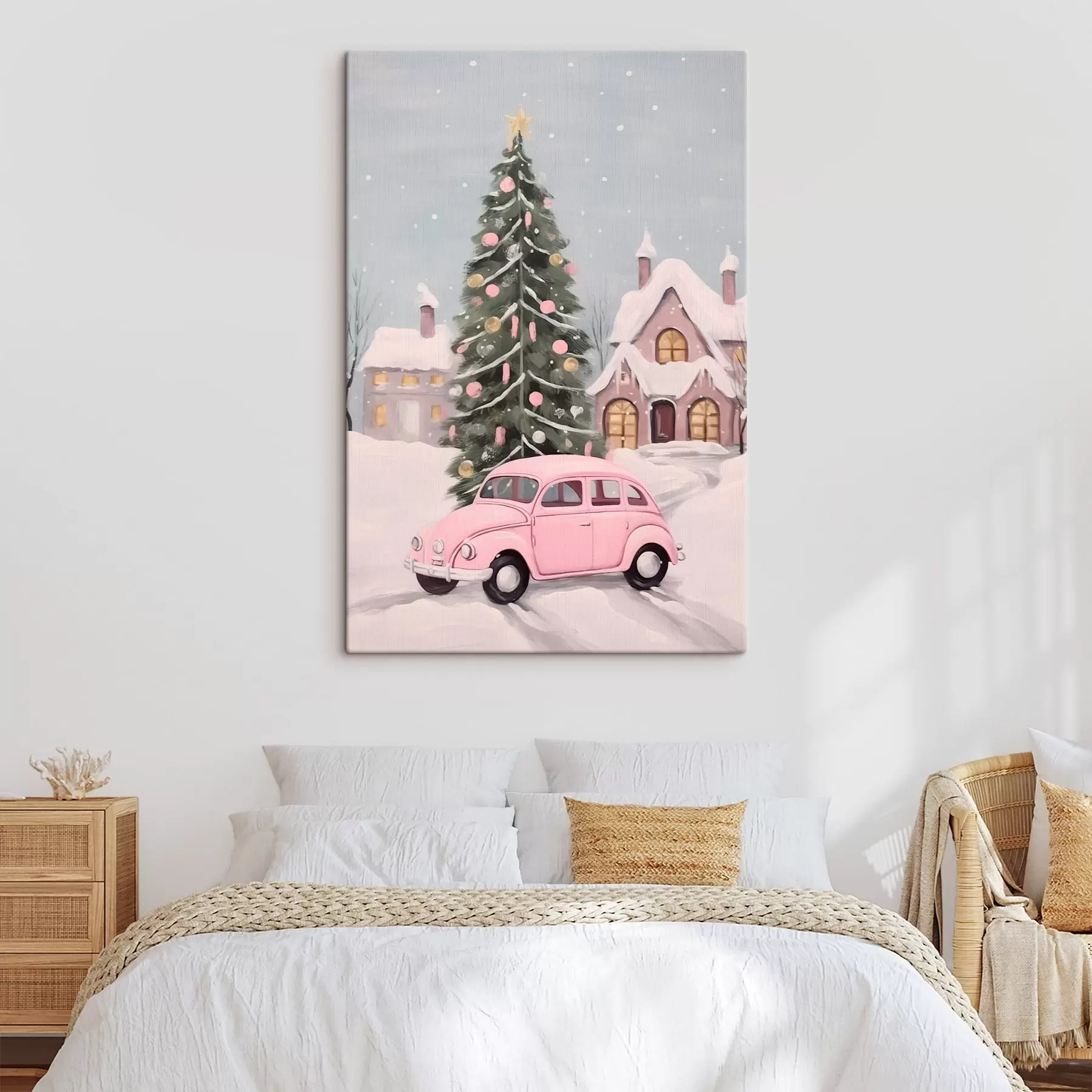 Wandbilder Rosa Auto und geschmückter Weihnachtsbaum vor dem Haus s46621