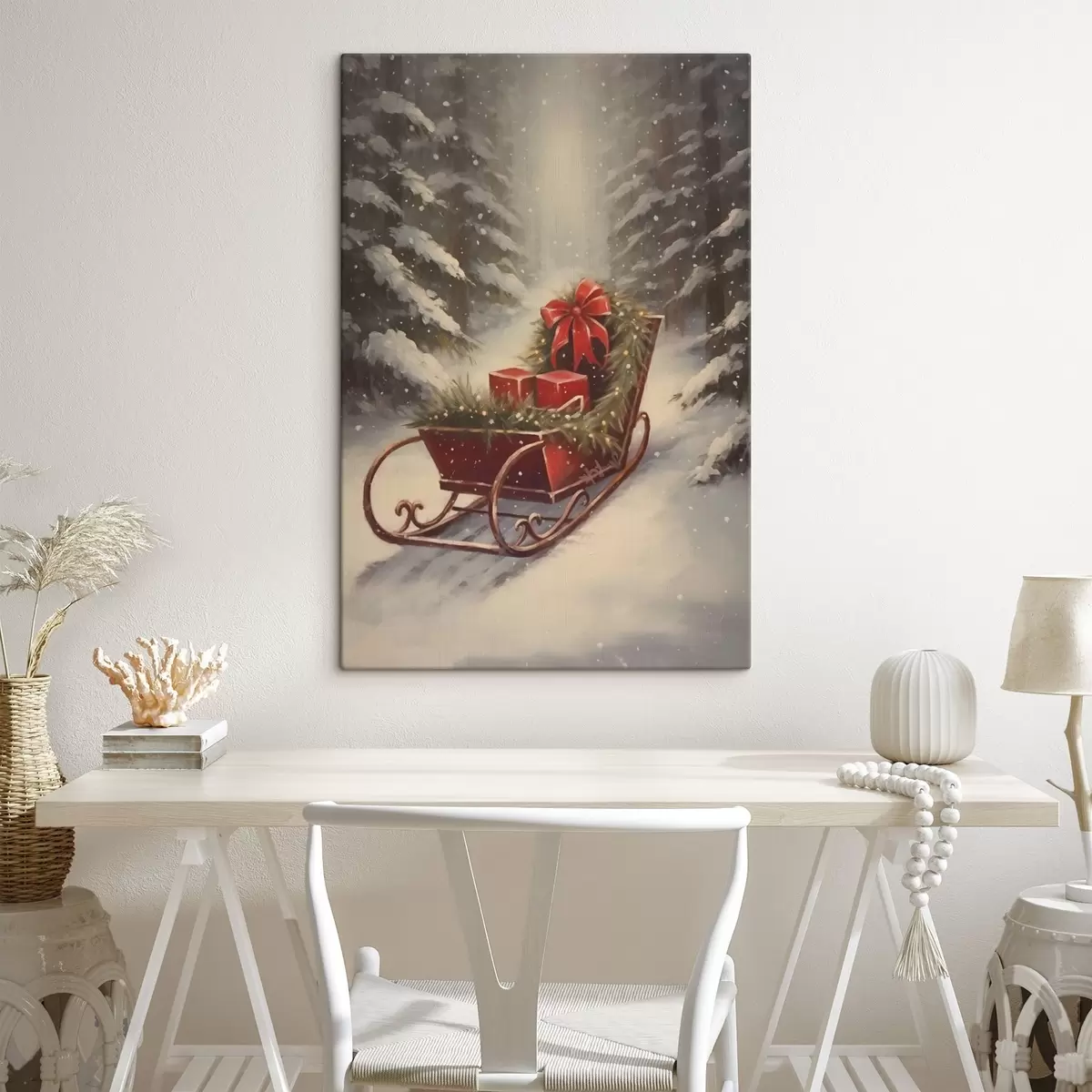 Wandbilder Weihnachtsschlitten mit Geschenken in einem verschneiten Wald s46630