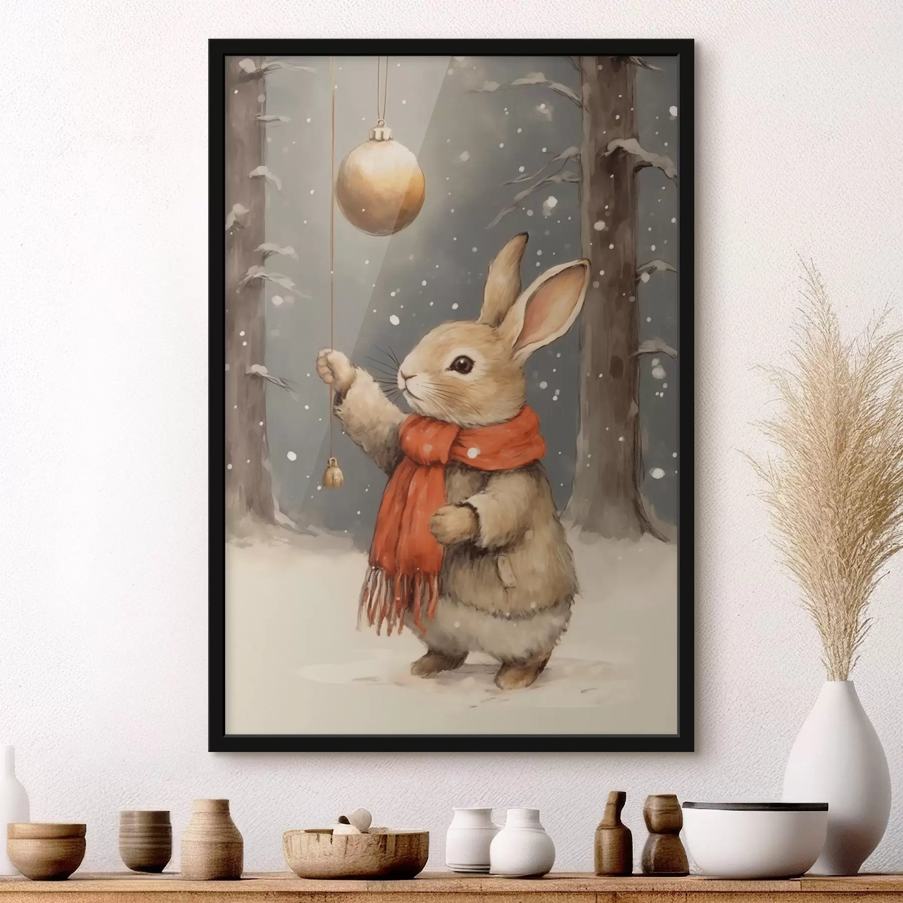Fototapete Winterhase mit Schal und Weihnachtsbaumkugel f46619