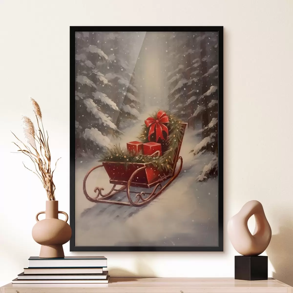 Poster Weihnachtsschlitten mit Geschenken in einem verschneiten Wald f46630