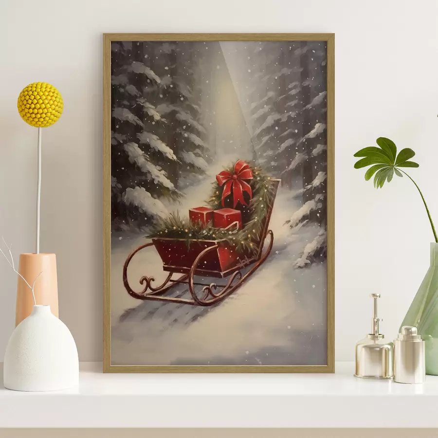 Fototapete Weihnachtsschlitten mit Geschenken in einem verschneiten Wald f46630