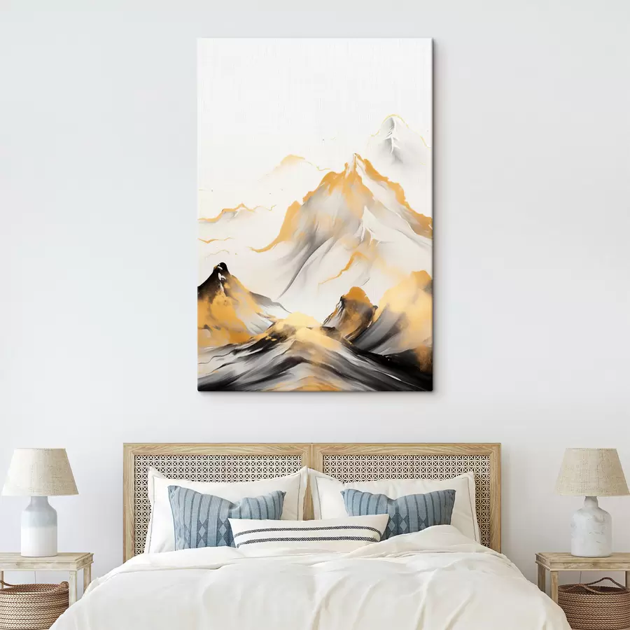 Wandbilder Strukturierte gelbe und schwarze Berge mit schneebedeckten Gipfeln, Tuschemalerei-Stil, minimalistische Bergkette s46683
