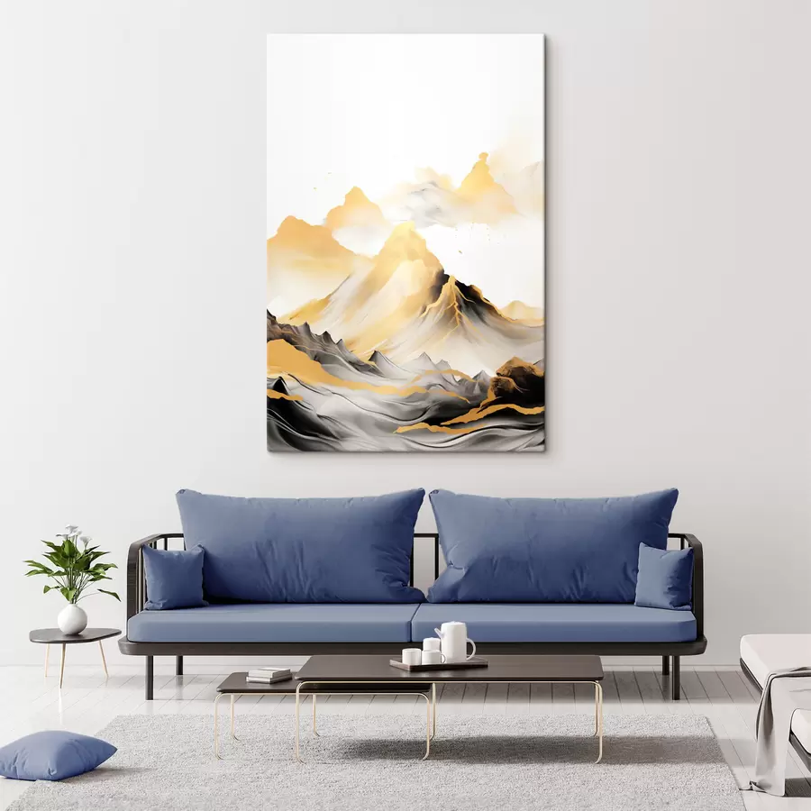 Wandbilder Strukturierte gelbe und schwarze Berge mit schneebedeckten Gipfeln, Tuschemalerei-Stil, minimalistische Bergkette s46684