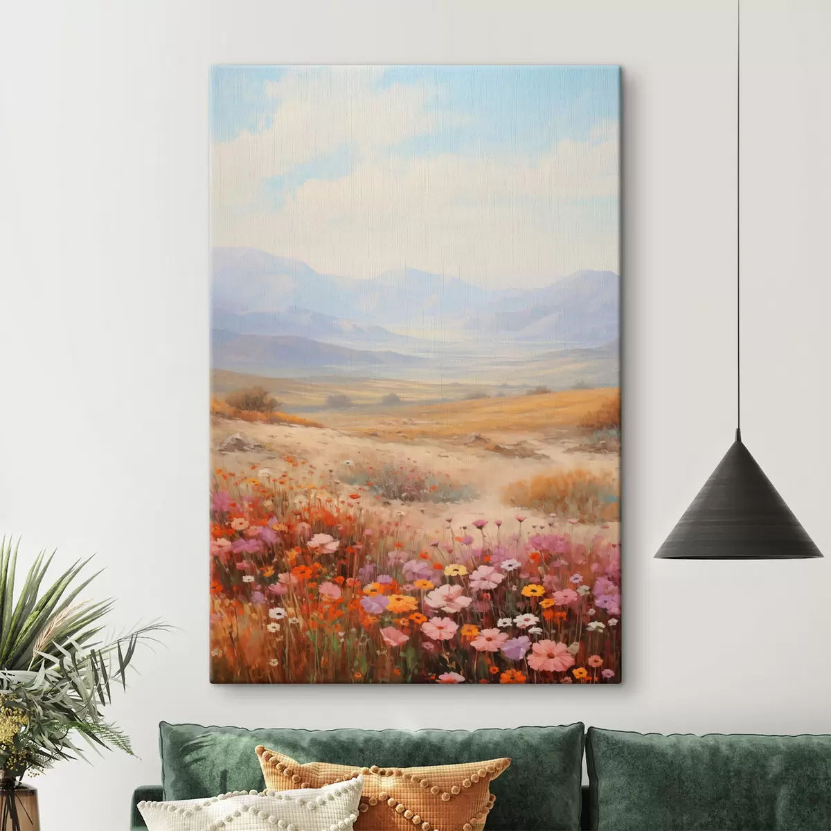 Wandbilder Landschaft, ein Feld voller bunter Blumen mit Bergen im Hintergrund, sanfte Pastellfarben s46685