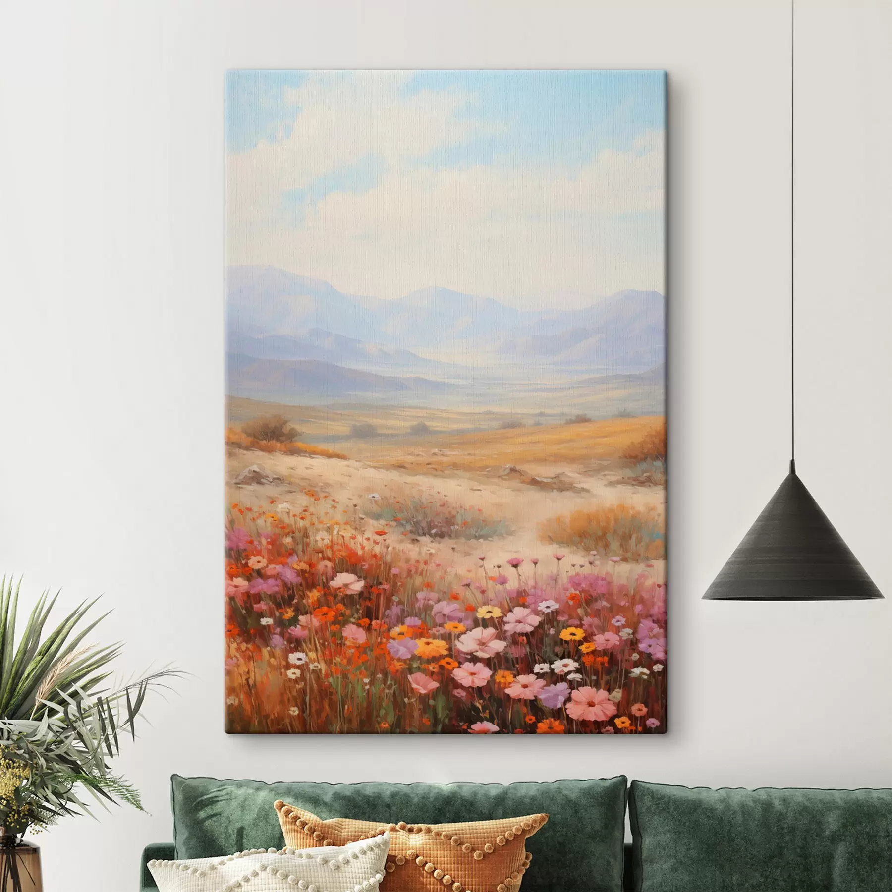 Wandbilder Landschaft, ein Feld voller bunter Blumen mit Bergen im Hintergrund, sanfte Pastellfarben s46685