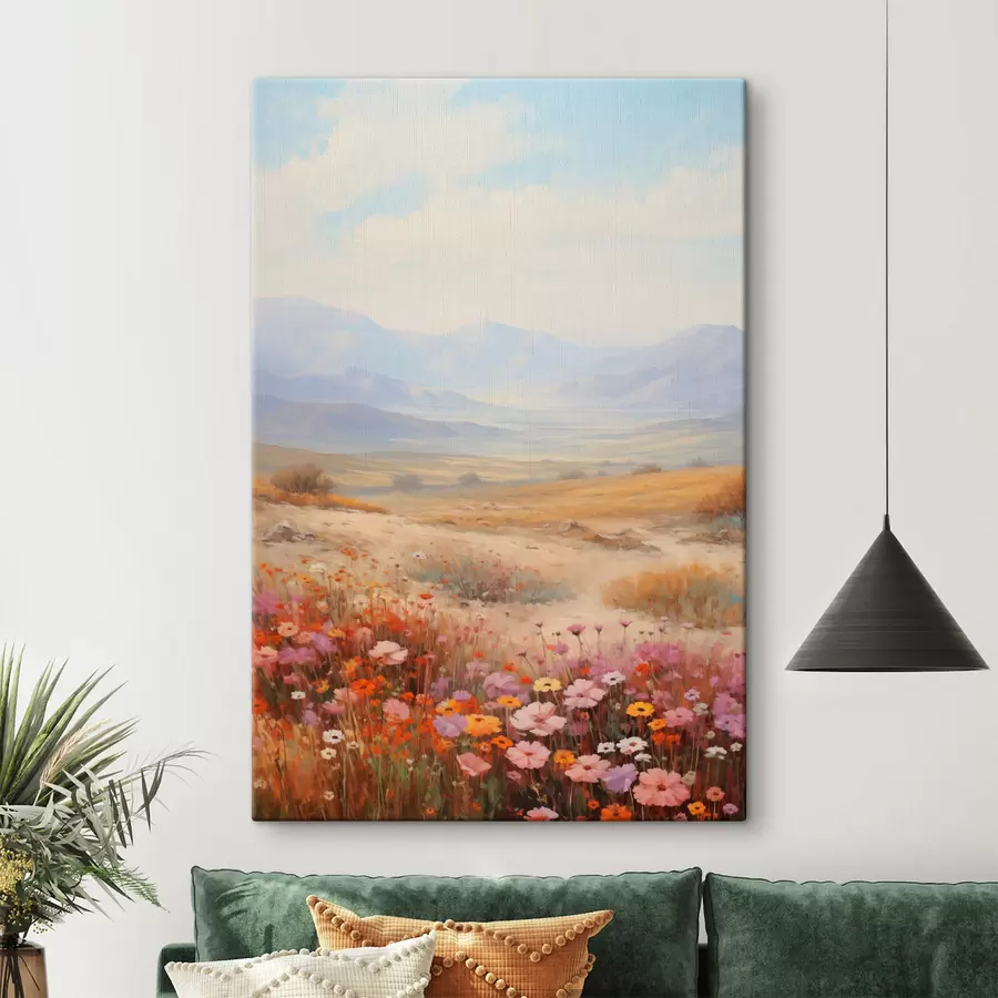 Wandbilder Landschaft, ein Feld voller bunter Blumen mit Bergen im Hintergrund, sanfte Pastellfarben s46685