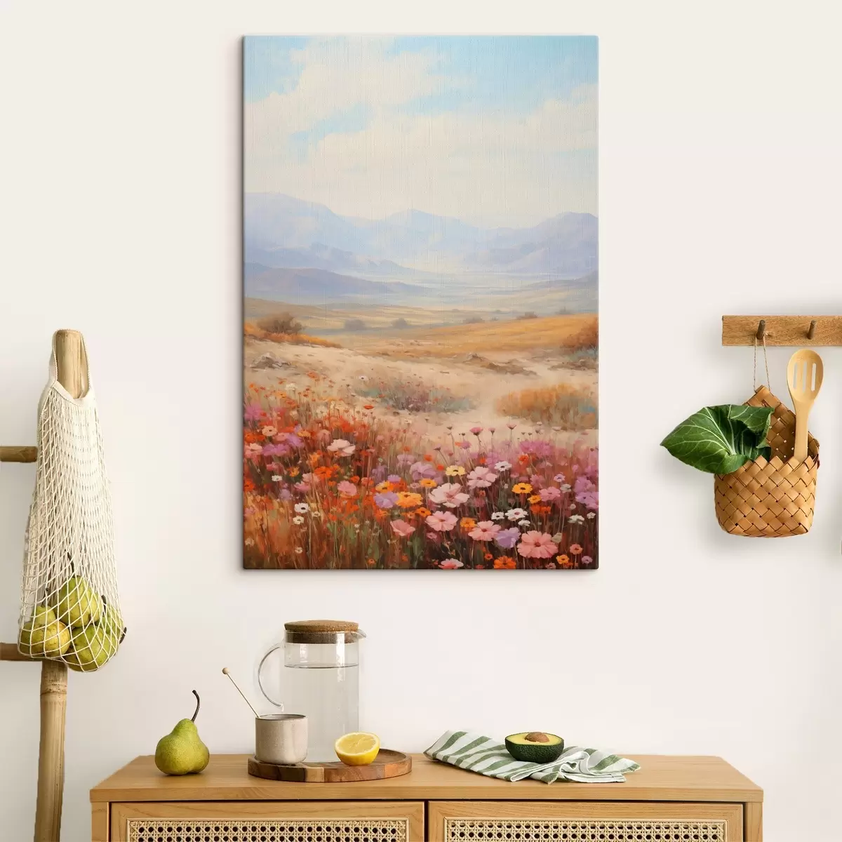 Wandbilder Landschaft, ein Feld voller bunter Blumen mit Bergen im Hintergrund, sanfte Pastellfarben s46685