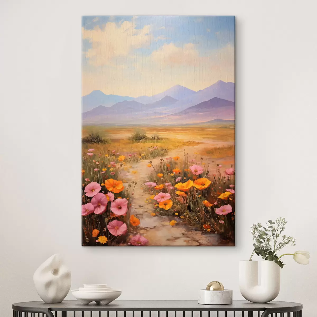 Wandbilder Landschaft, ein Feld voller bunter Blumen mit Bergen im Hintergrund, sanfte Pastellfarben s46686