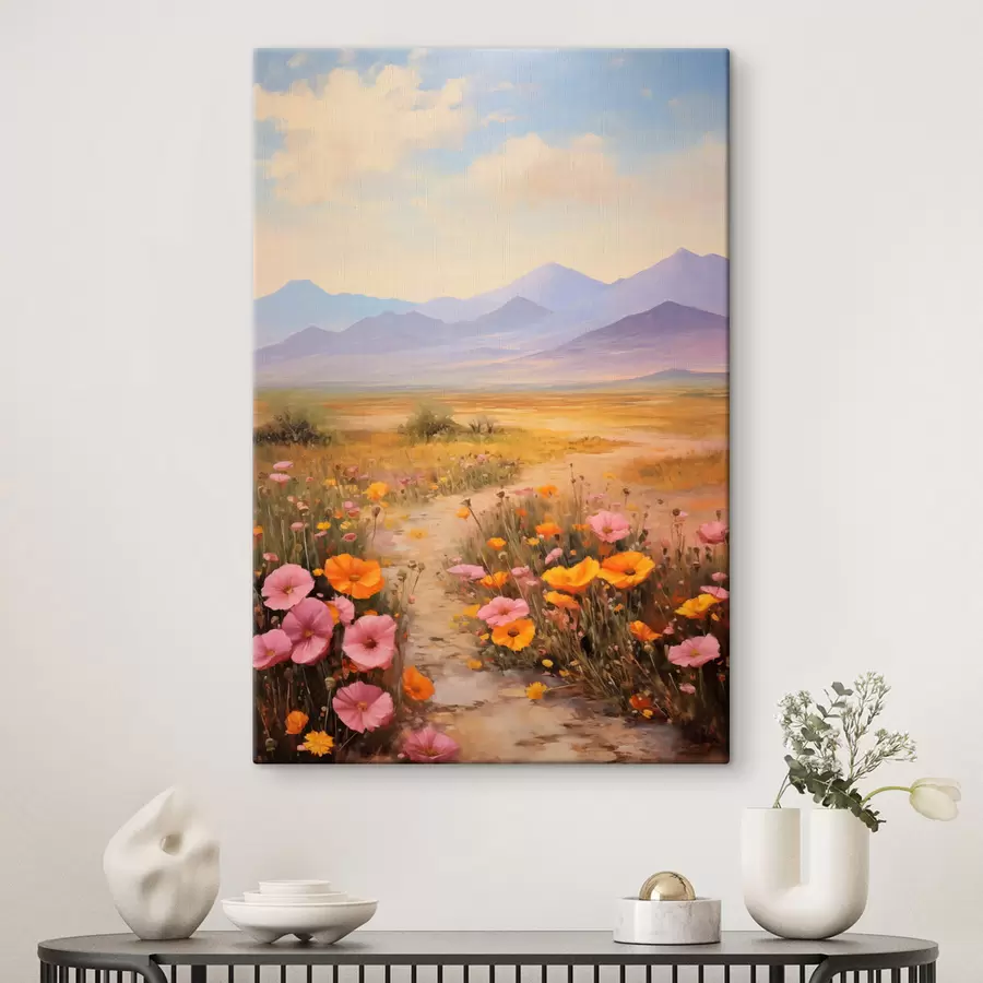 Wandbilder Landschaft, ein Feld voller bunter Blumen mit Bergen im Hintergrund, sanfte Pastellfarben s46686