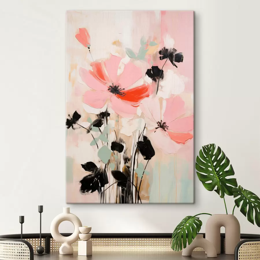 Wandbilder Rosa und schwarze Blumen mit Blättern, sanfte Pastellfarben, abstraktes Blumenarrangement, minimalistische Kunst s46687