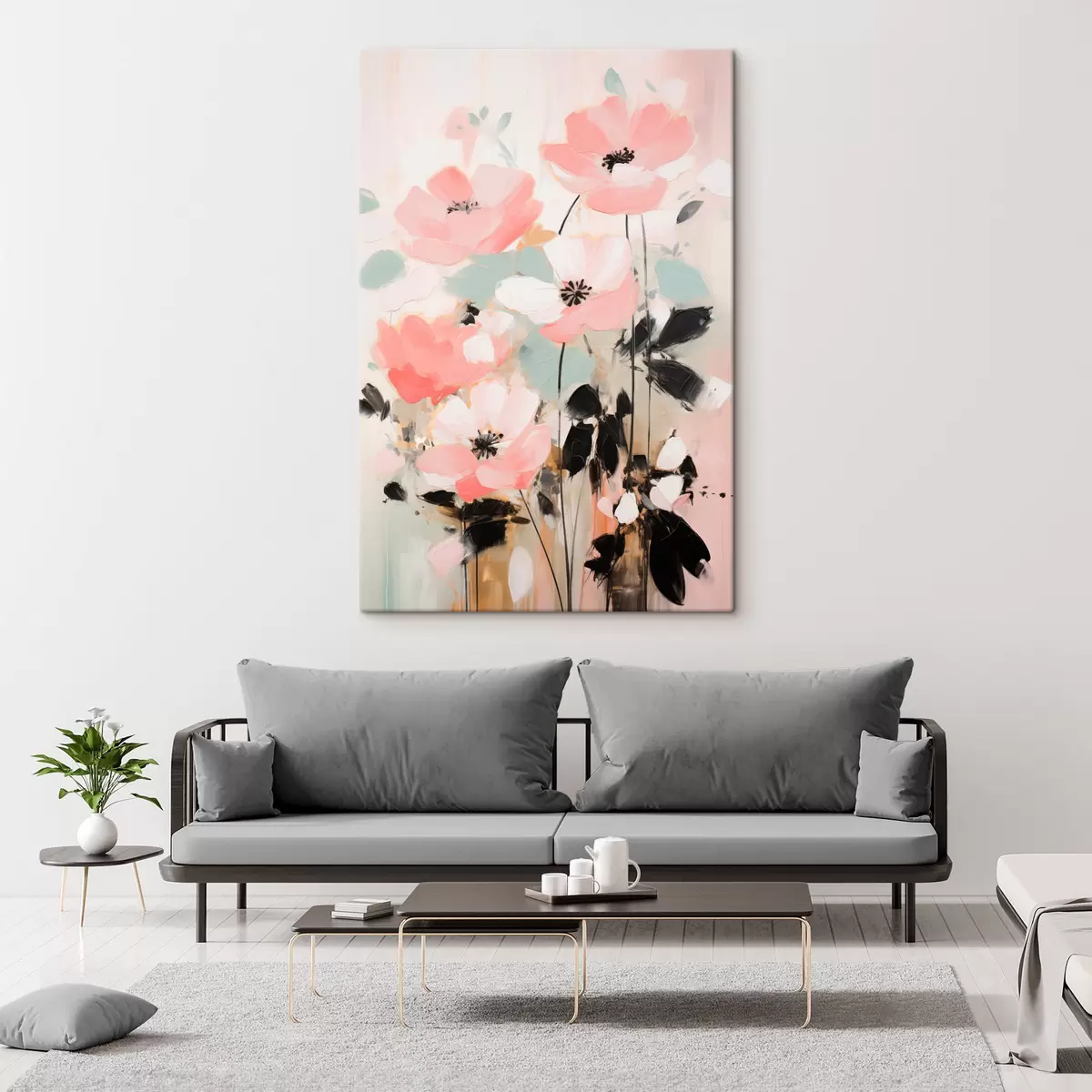 Wandbilder Rosa und schwarze Blumen mit Blättern, sanfte Pastellfarben, abstraktes Blumenarrangement, minimalistische Kunst s46688