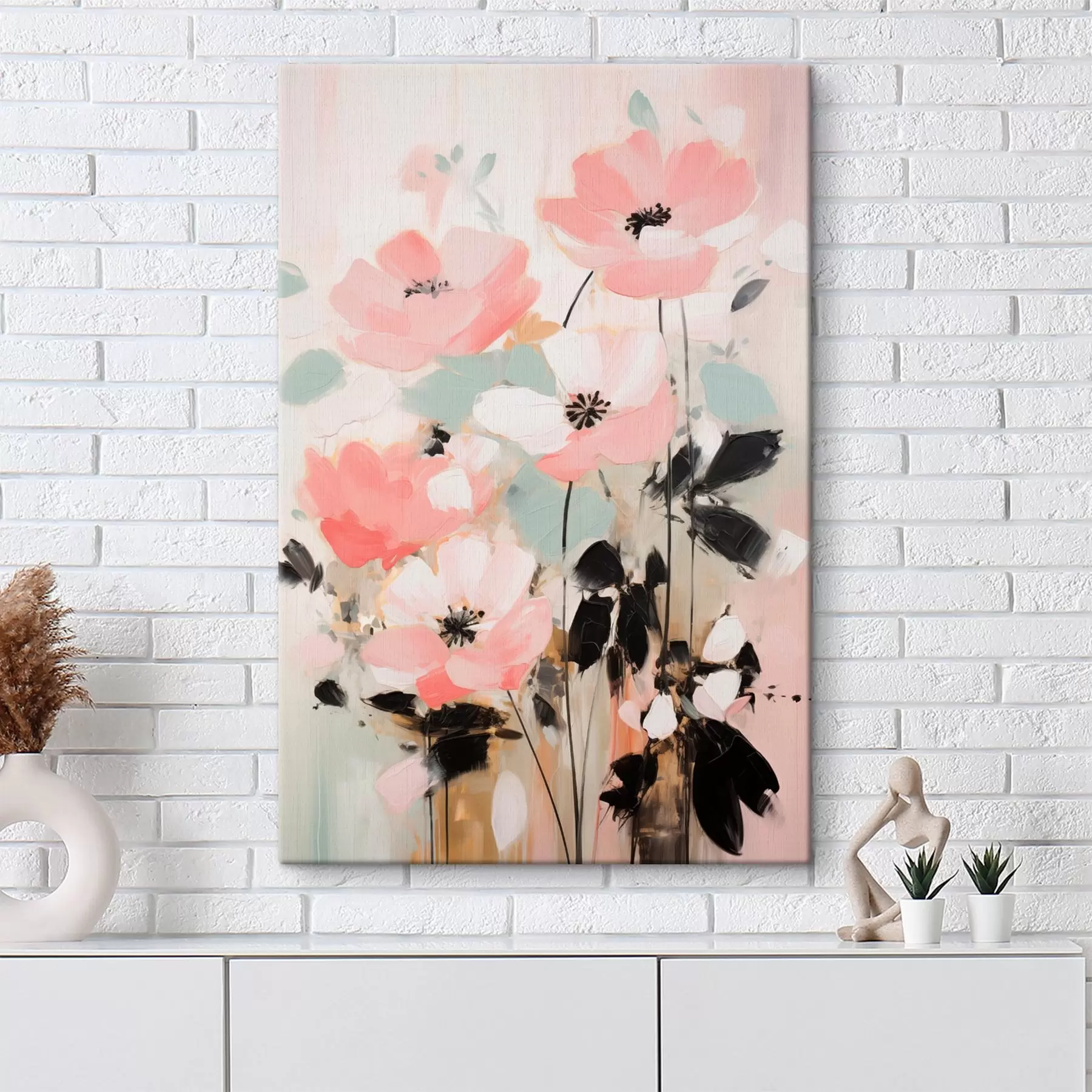 Wandbilder Rosa und schwarze Blumen mit Blättern, sanfte Pastellfarben, abstraktes Blumenarrangement, minimalistische Kunst s46688