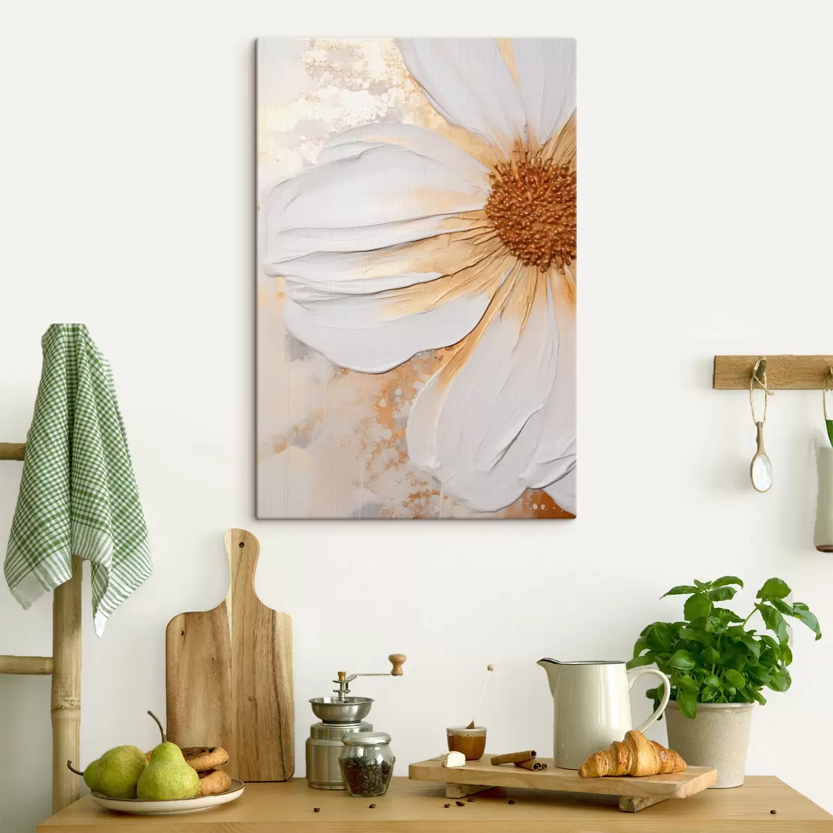 Wandbilder Eine weiße Blume mit zarten Blütenblättern, strukturiertem abstrakten Hintergrund, elegant, dekorative Kunst s46692