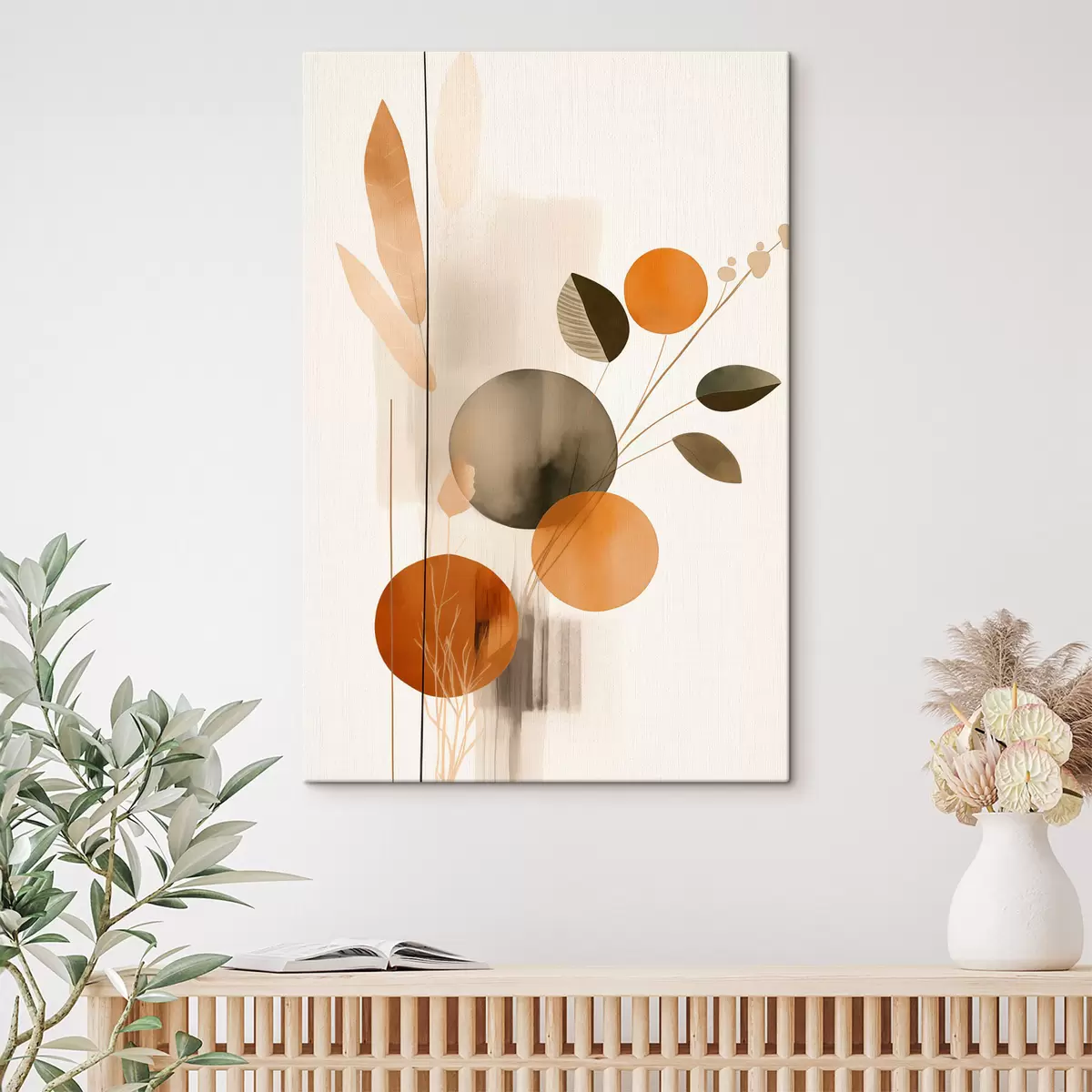 Wandbilder Abstrakte Malerei-Imitation mit orangefarbenen und grauen Kreisen, Blättern und Zweigen, moderner Stil, Aquarelleffekt s46697