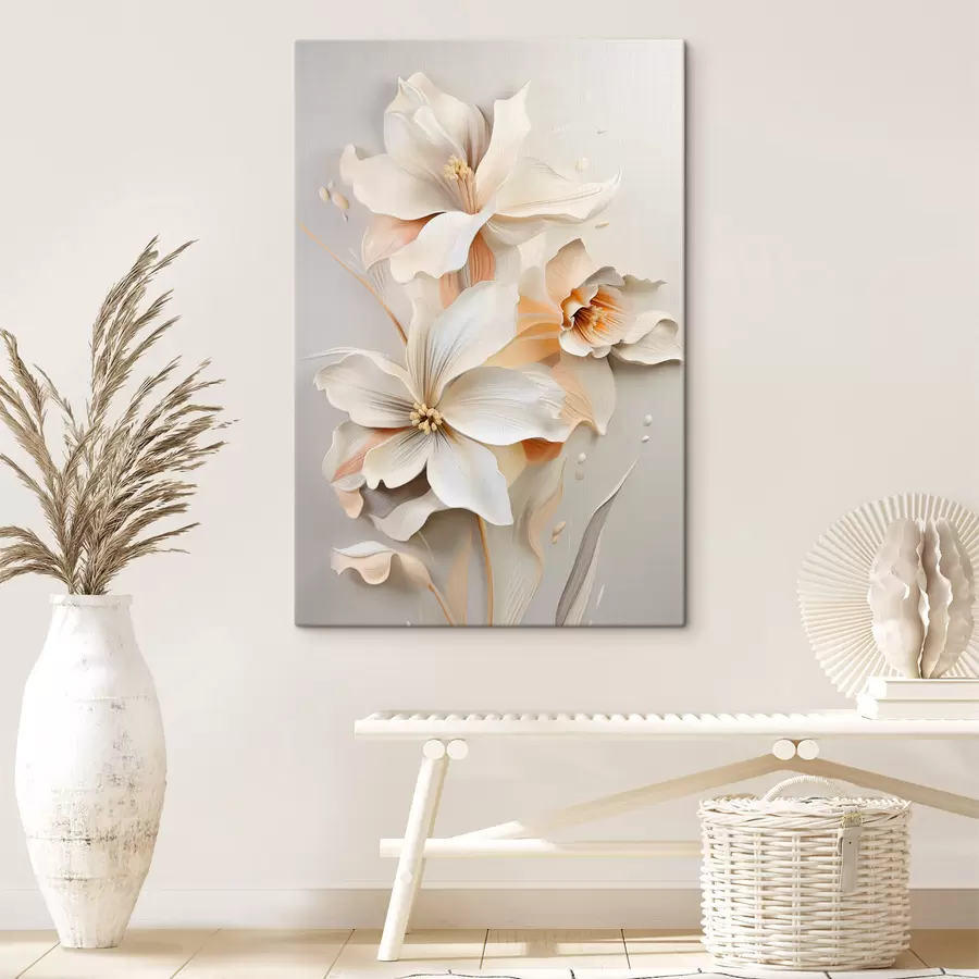 Wandbilder Weiße Blumen, Blütenblätter mit sanften Schatten, hellbeiger Hintergrund, elegante Komposition, minimalistischer Stil s46699