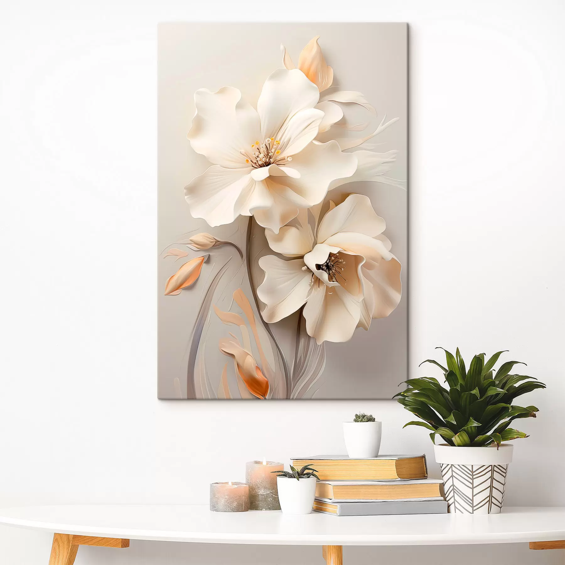 Wandbilder Weiße Blumen, Blütenblätter mit sanften Schatten, hellbeiger Hintergrund, elegante Komposition, minimalistischer Stil s46700