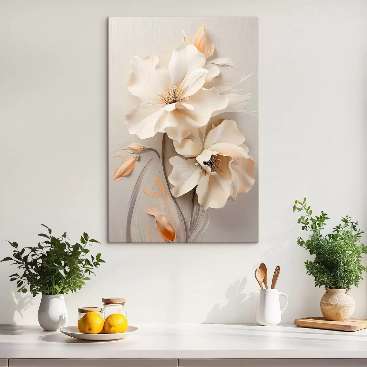 Wandbilder Weiße Blumen, Blütenblätter mit sanften Schatten, hellbeiger Hintergrund, elegante Komposition, minimalistischer Stil s46700