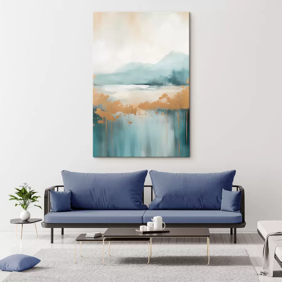 Wandbilder Abstrakte Landschaft mit Bergen und See in Blaugrün und strukturiertem Gelb, weiche Pinselstriche, minimalistisches Kunstwerk s46703