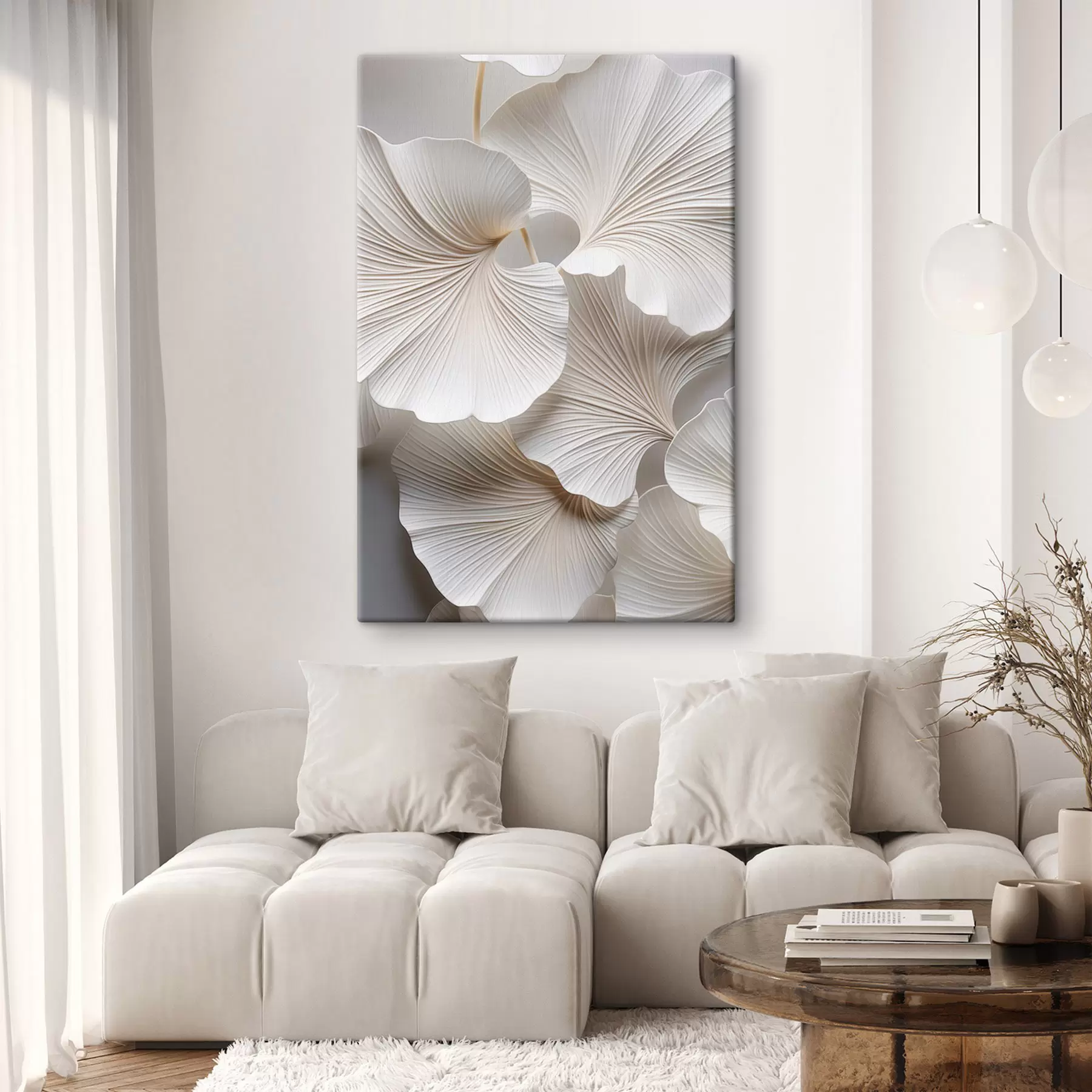 Wandbilder Weiße Ginkgo-Biloba-Blätter mit detaillierten Adern, sanfter Beleuchtung, strukturiertem, elegantem und minimalistischem Design s46705