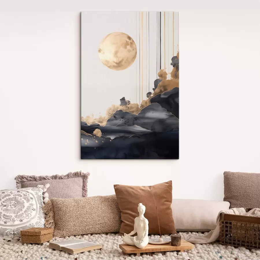 Wandbilder Vollmond mit schwarzen und strukturierten gelben Wolken, vertikalen Linien, abstrakter Stil, minimalistisch und modern s46707
