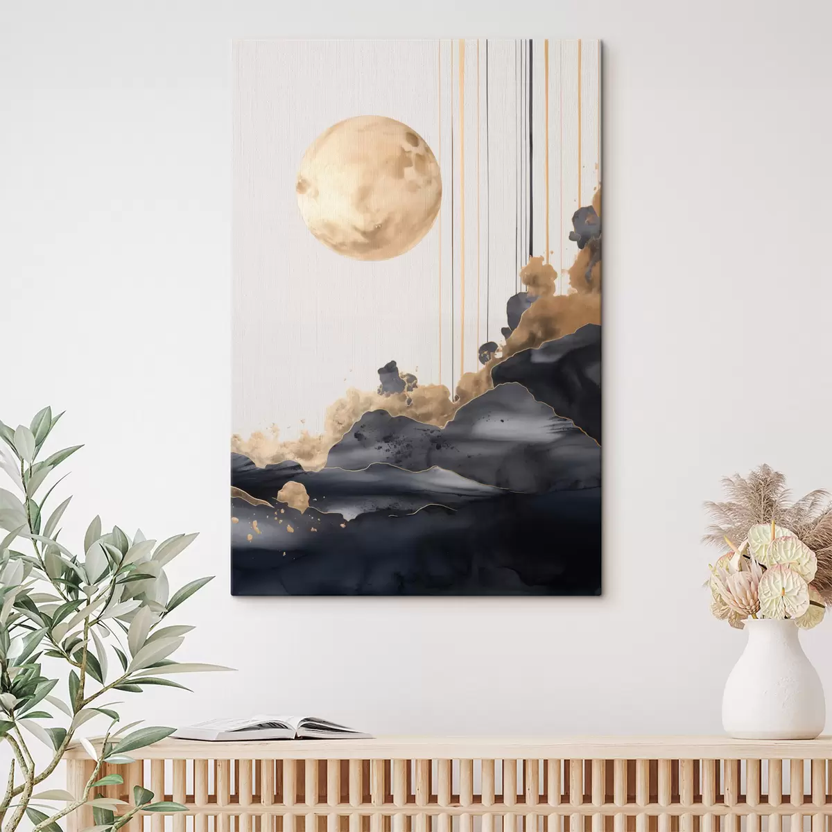 Wandbilder Vollmond mit schwarzen und strukturierten gelben Wolken, vertikalen Linien, abstrakter Stil, minimalistisch und modern s46707