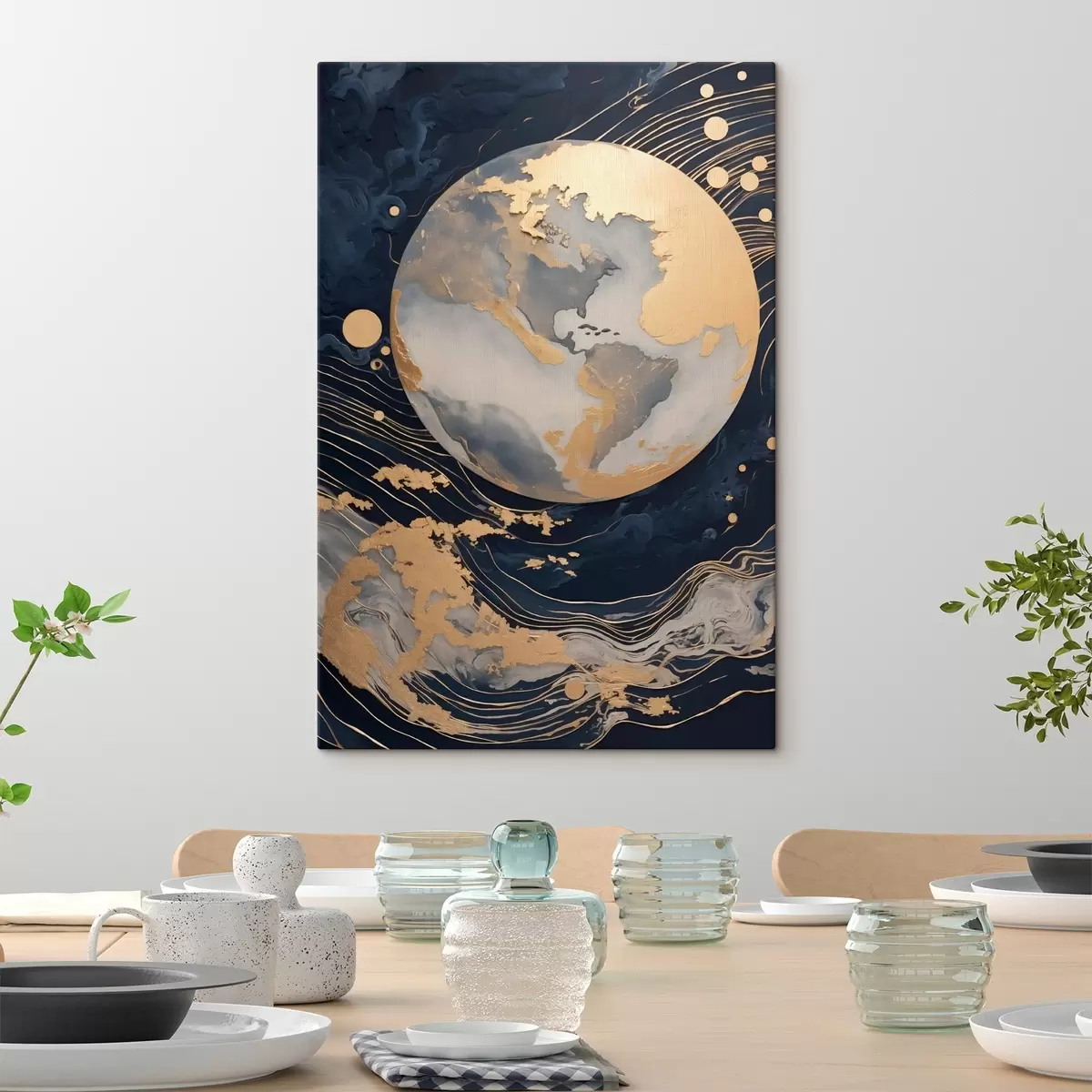 Wandbilder Strukturierter dekorativer Planet mit gelben Linien im Hintergrund, gelben Punkten im Hintergrund, dunklem Hintergrund s46708