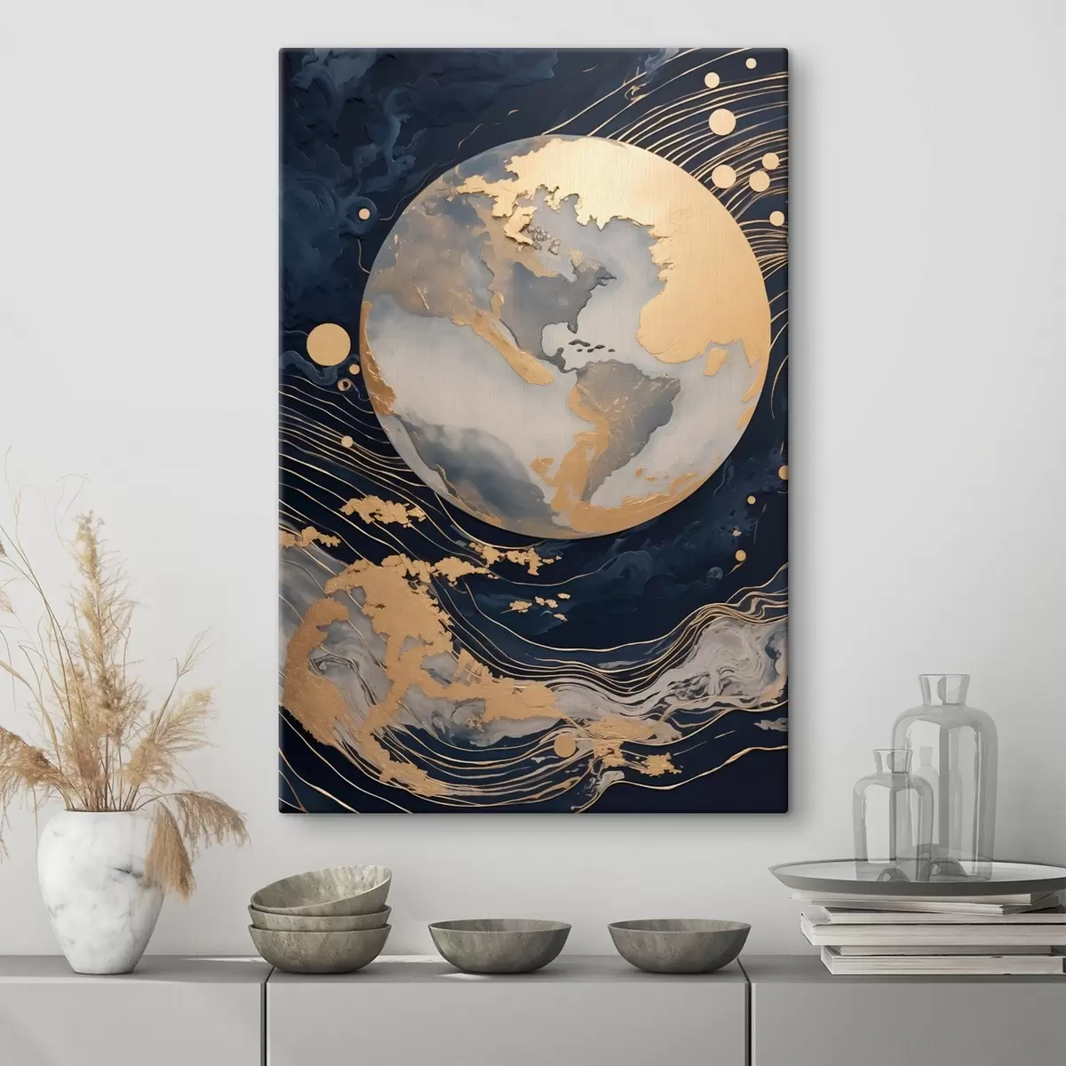 Wandbilder Strukturierter dekorativer Planet mit gelben Linien im Hintergrund, gelben Punkten im Hintergrund, dunklem Hintergrund s46708