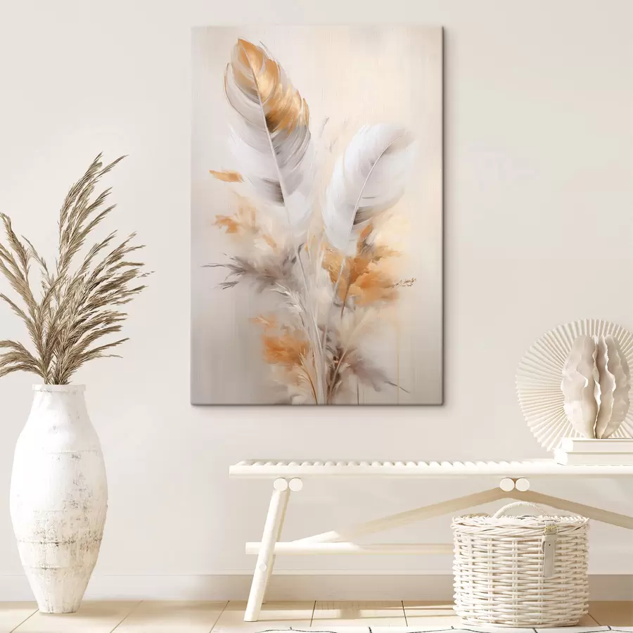 Wandbilder Abstrakte Federn, umgeben von beigen und braunen Federn, weich und zart, auf hellbeigem Hintergrund s46711