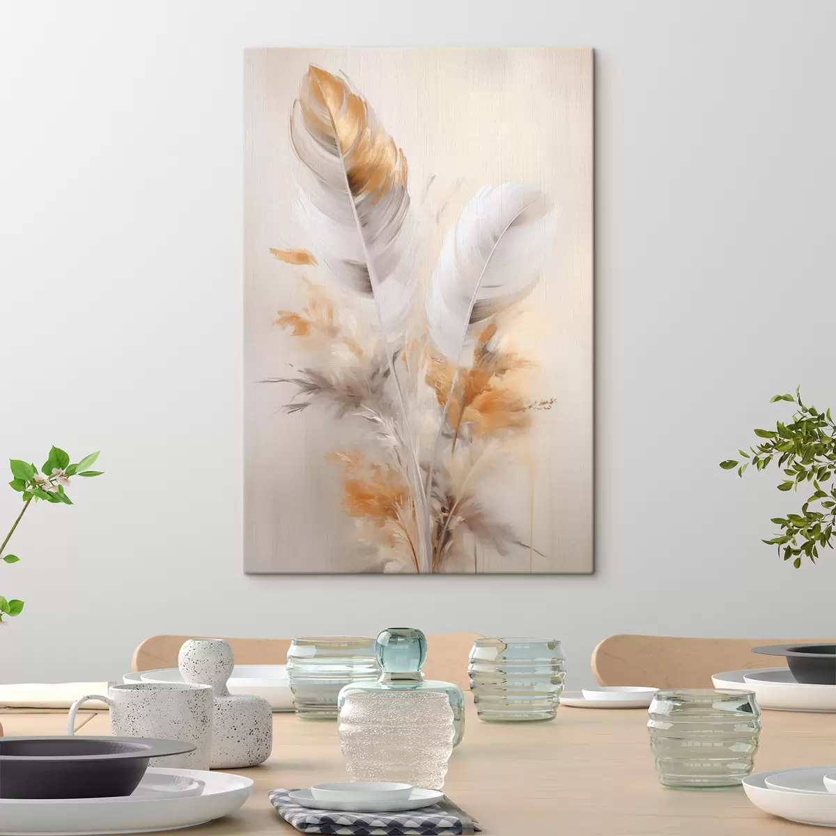 Wandbilder Abstrakte Federn, umgeben von beigen und braunen Federn, weich und zart, auf hellbeigem Hintergrund s46711